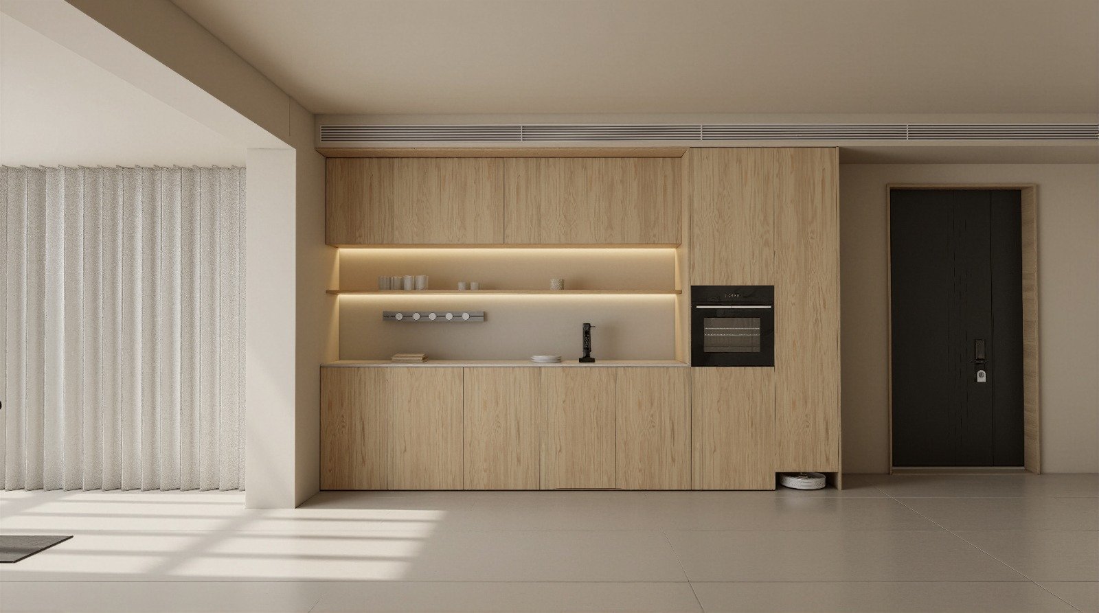 The Galley Kitchen in riftsawn oak with handleless doors.