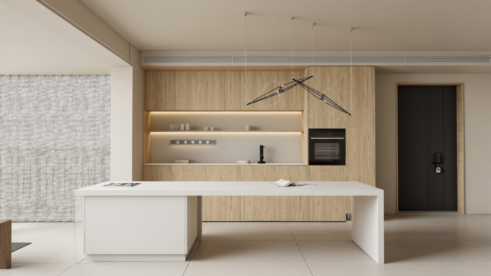 The Galley Kitchen in light oak with a seamless bone-white island.